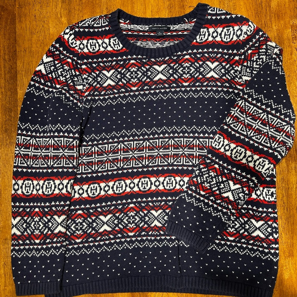 Tommy Hilfiger Navy Crewneck Sweater with Red & White Fair Isle